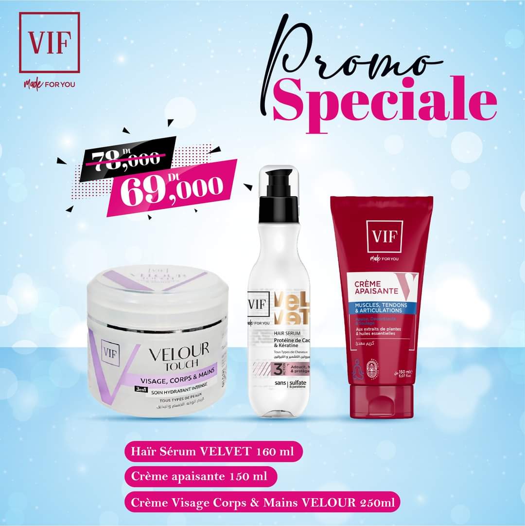 Vif hair sérum velvet +créme apaissante +créme visage corps & mains  velour